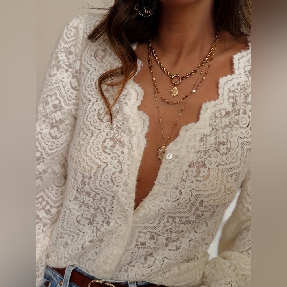 Source Unknown Cream Lace V-Neck Long Sleeve Blouse - Picture 2 of 4